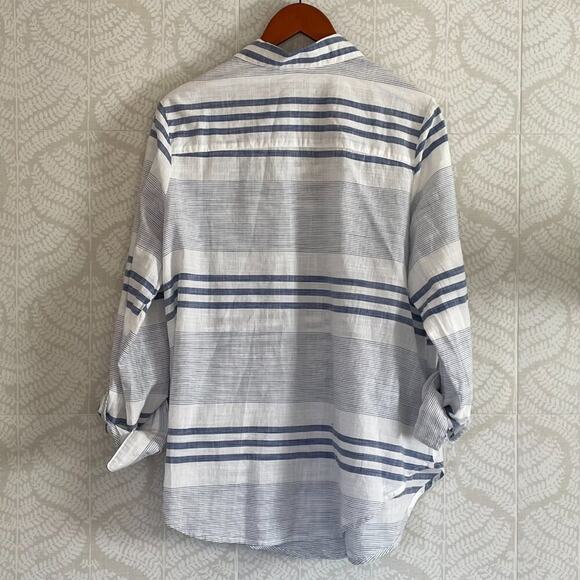 Blue, White Striped Cotton Button Down Lightweight Shirt Roll Tab Sleeves, 1X - Picture 2 of 13